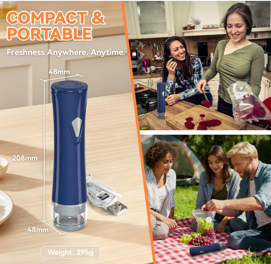 Compact Vacuum Sealer for Food with Bags & Mason Jar Kit, Saver 5X Fresh Longer, 15PCS Reusable Bags, Wide and Regular Mouth Kits, Wine Stopper for Kitchen Fridge Travel Seal Meal