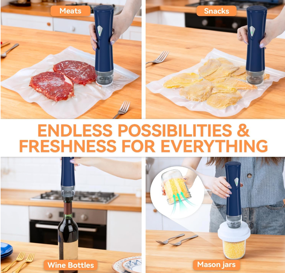 Compact Vacuum Sealer for Food with Bags & Mason Jar Kit, Saver 5X Fresh Longer, 15PCS Reusable Bags, Wide and Regular Mouth Kits, Wine Stopper for Kitchen Fridge Travel Seal Meal