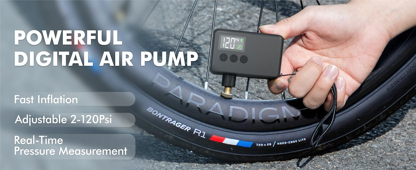 GPUTECK BG-BL01 Mini Electric Bike Pump - Portable 120 PSI Bicycle Tire Inflator with Digital Gauge for Road Bike, Mountain Bike, E-Bike | Presta & Schrader Compatible