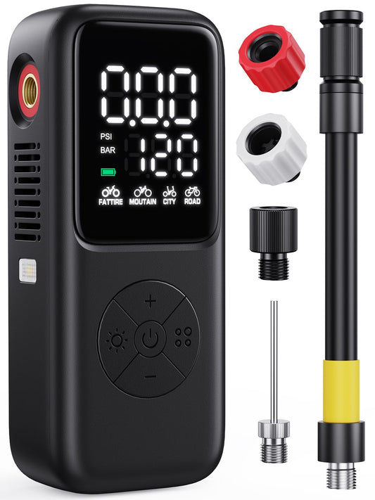 Mini Electric Bike Pump,120 PSI Bike Pump Portable with Guage Auto Stop, Bicycle Pump with Presta and Schrader, Bike Tire Pump Valve for Road Bicycle, Mountain Bike, E-Bike,Sports Ball