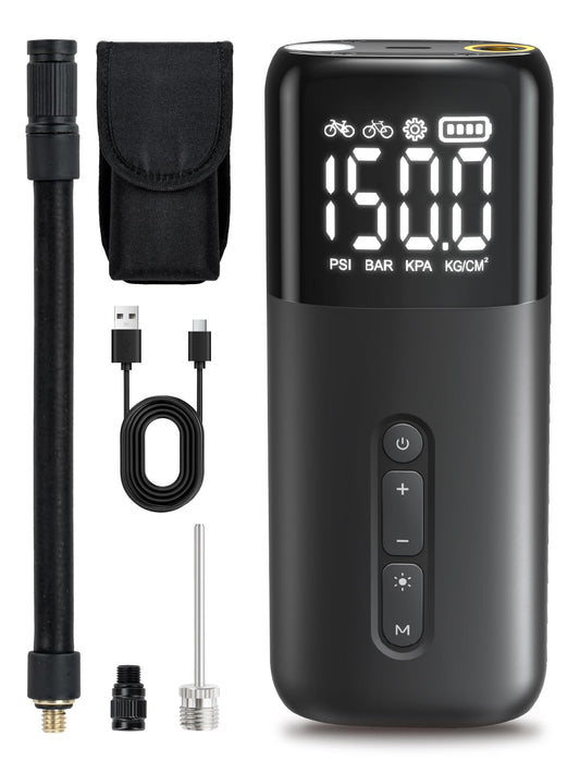 HT10 Bike Tire Electric Air Pump: Fast Inflation Portable Bicycle Pump for Presta and Schrader Valve, 150 Psi High Pressure Tire Inflator with Digital Gauge for Road Bike, Mountain Bike, E-Bike