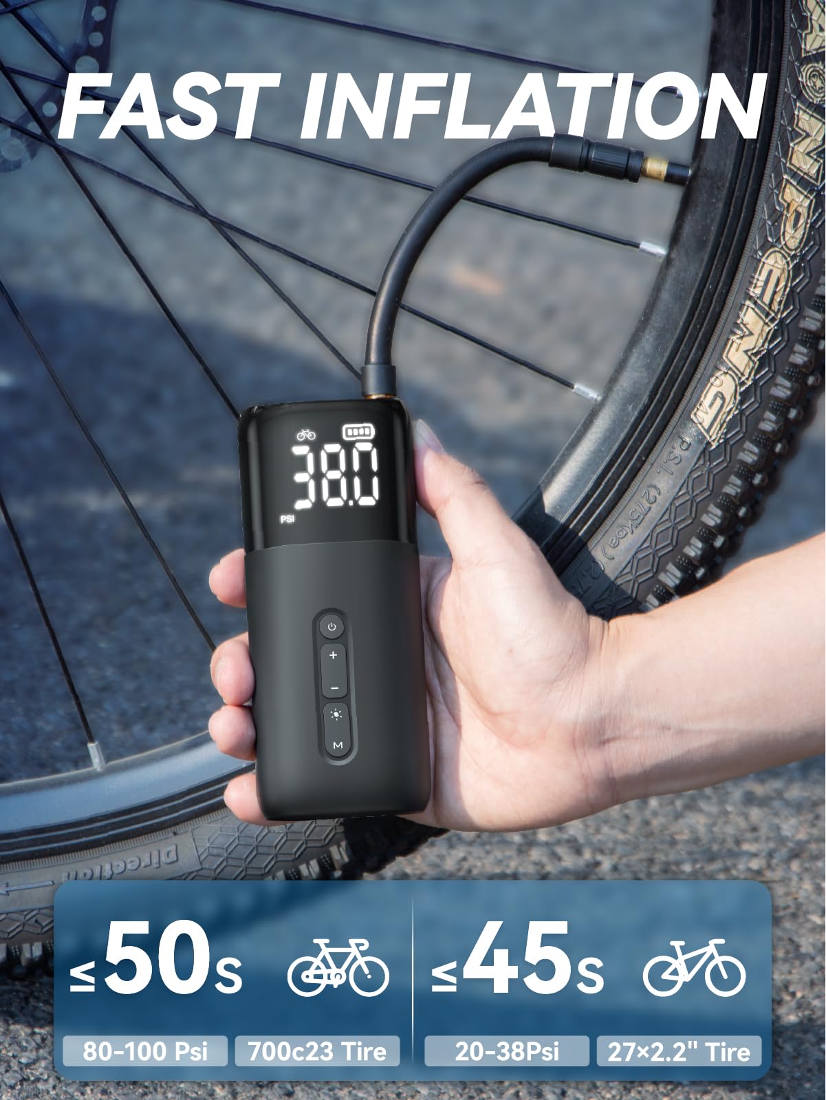 HT10 Bike Tire Electric Air Pump: Fast Inflation Portable Bicycle Pump for Presta and Schrader Valve, 150 Psi High Pressure Tire Inflator with Digital Gauge for Road Bike, Mountain Bike, E-Bike