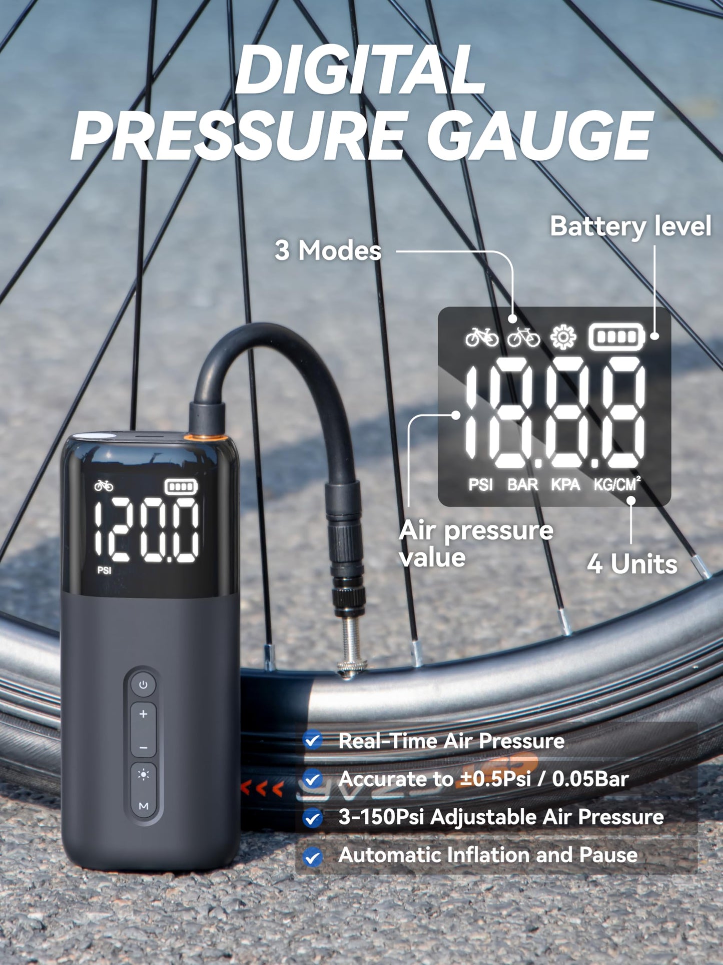 HT10 Bike Tire Electric Air Pump: Fast Inflation Portable Bicycle Pump for Presta and Schrader Valve, 150 Psi High Pressure Tire Inflator with Digital Gauge for Road Bike, Mountain Bike, E-Bike