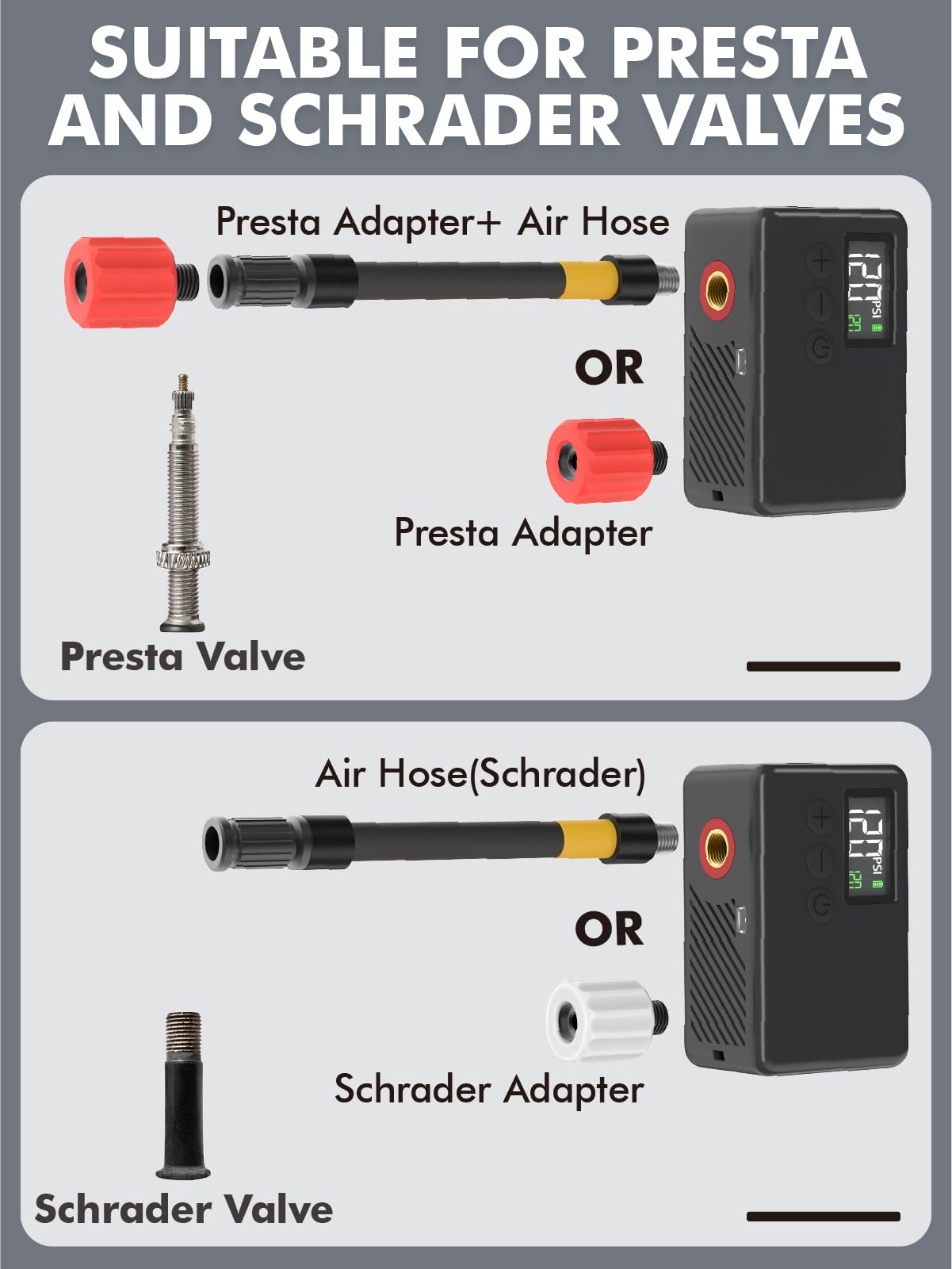 Mini Bike Tire Air Pump: Fast Inflate Portable Small Bicycle Electric Pump for Presta and Schrader Valves, 120 Psi High Pressure Pump with Digital Gauge for Road Bike, Mountain Bike, E-Bike
