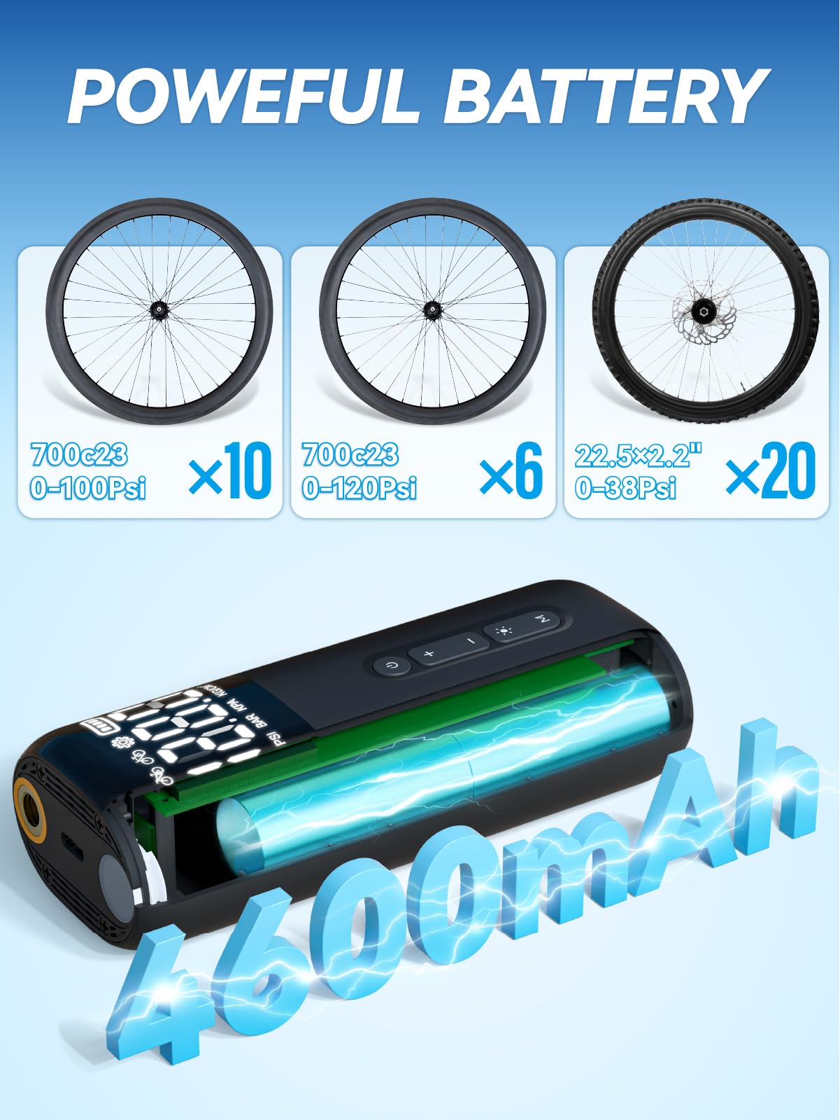 HT10 Bike Tire Electric Air Pump: Fast Inflation Portable Bicycle Pump for Presta and Schrader Valve, 150 Psi High Pressure Tire Inflator with Digital Gauge for Road Bike, Mountain Bike, E-Bike