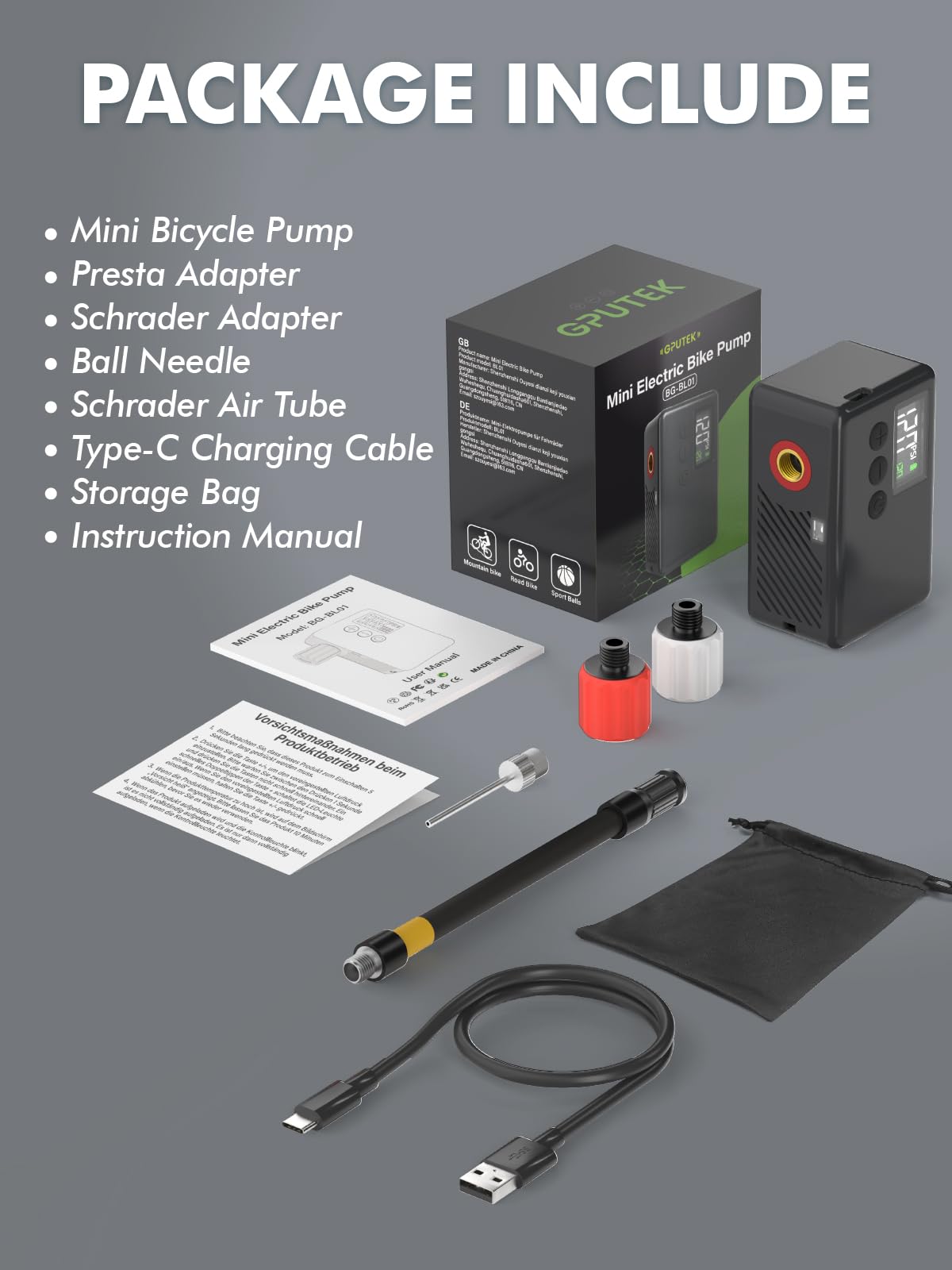 Mini Bike Tire Air Pump: Fast Inflate Portable Small Bicycle Electric Pump for Presta and Schrader Valves, 120 Psi High Pressure Pump with Digital Gauge for Road Bike, Mountain Bike, E-Bike