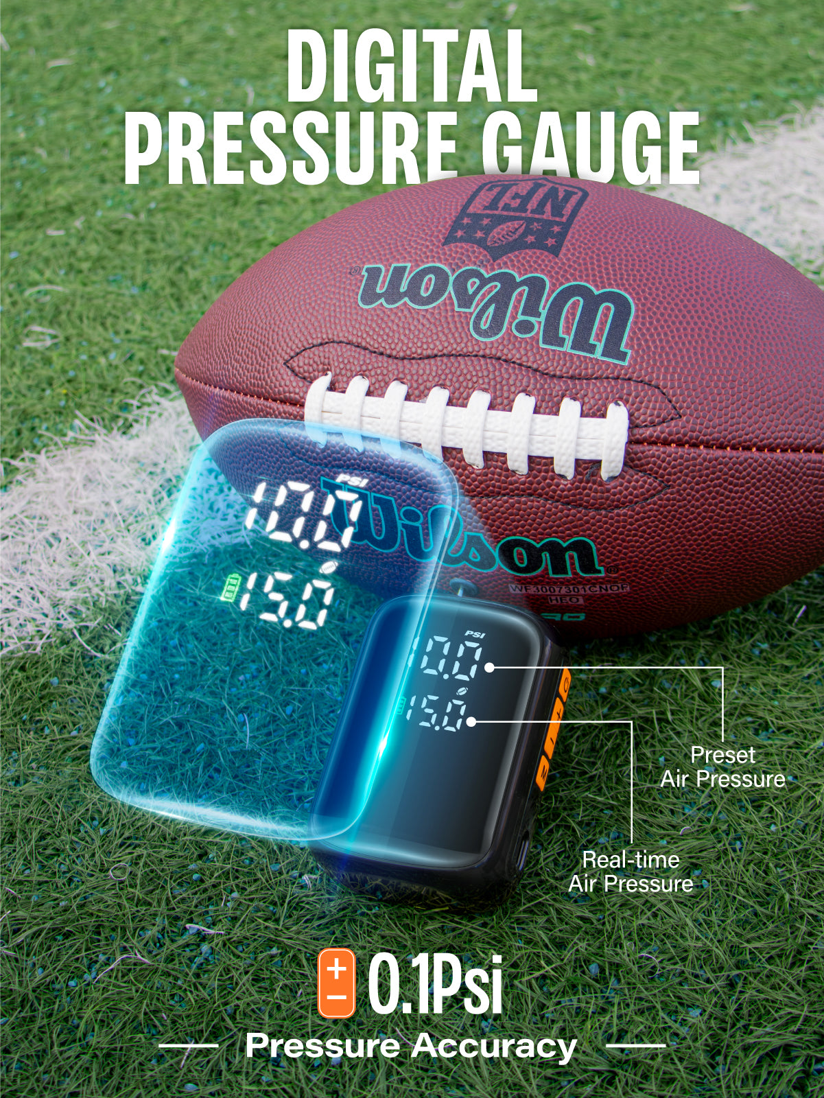 Pumteck AP1-M Electric Ball Pump: Portable Sports Automatic Ball Air Pump with Digital Precise Pressure Gauge, 15Psi Fast Inflation Basketball Soccer Football Volleyball Rugby Inflator with 2 Needles