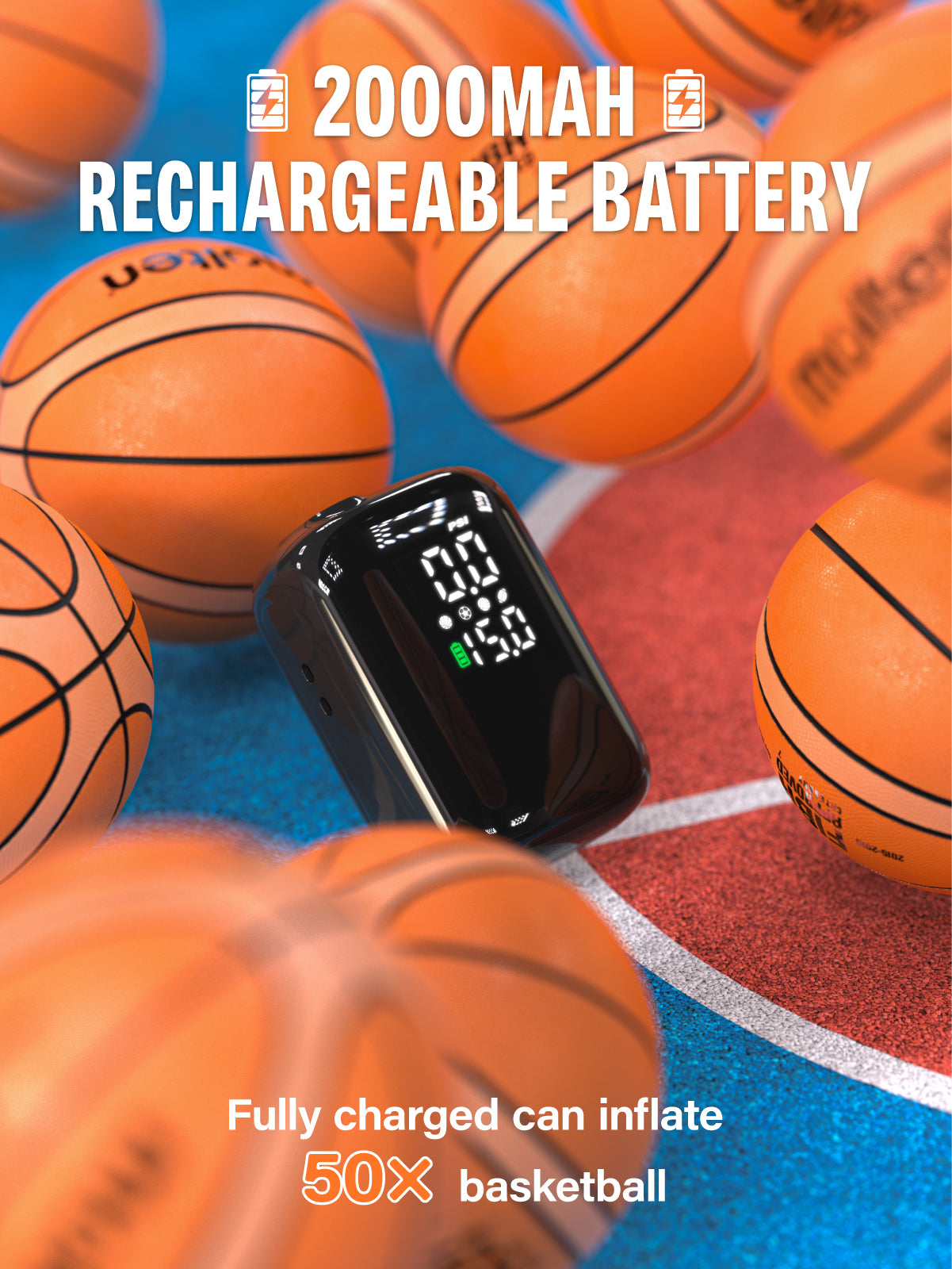Pumteck AP1-M Electric Ball Pump: Portable Sports Automatic Ball Air Pump with Digital Precise Pressure Gauge, 15Psi Fast Inflation Basketball Soccer Football Volleyball Rugby Inflator with 2 Needles