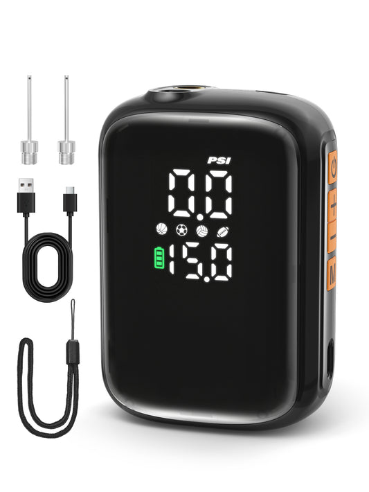 Pumteck AP1-M Electric Ball Pump: Portable Sports Automatic Ball Air Pump with Digital Precise Pressure Gauge, 15Psi Fast Inflation Basketball Soccer Football Volleyball Rugby Inflator with 2 Needles