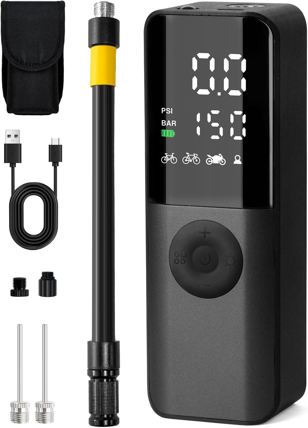 GPUTEK BG01 Bike Electric Air Pump: 150Psi Portable Bicycle Tire Pump with Digital Pressure Gauge for Road Bike, Mountain Bike, E-Bike, Motorcycle with Presta, Schrader, Dunlop Valve Accessories