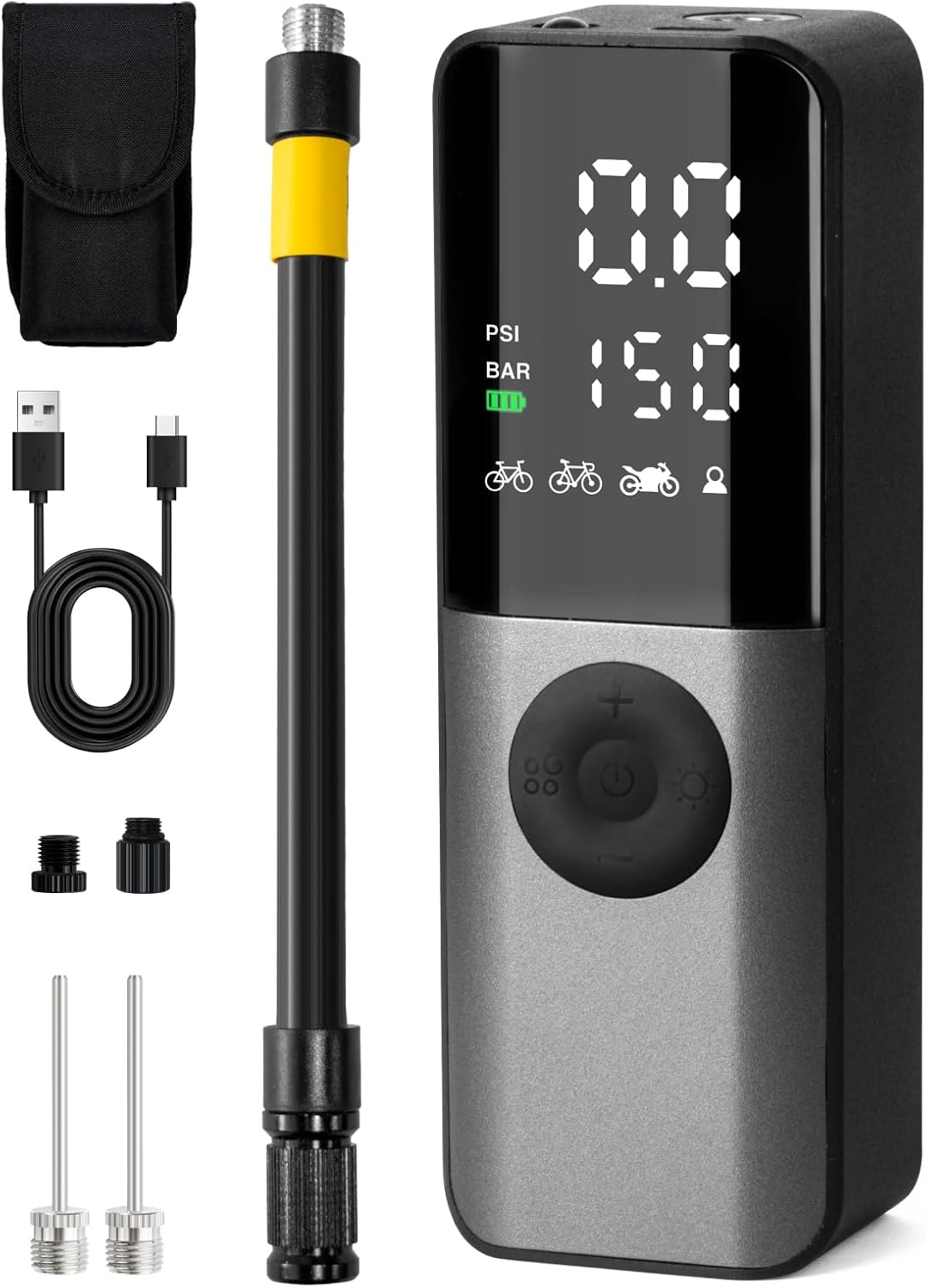 GPUTEK BG01 Bike Electric Air Pump: 150Psi Portable Bicycle Tire Pump with Digital Pressure Gauge for Road Bike, Mountain Bike, E-Bike, Motorcycle with Presta, Schrader, Dunlop Valve Accessories