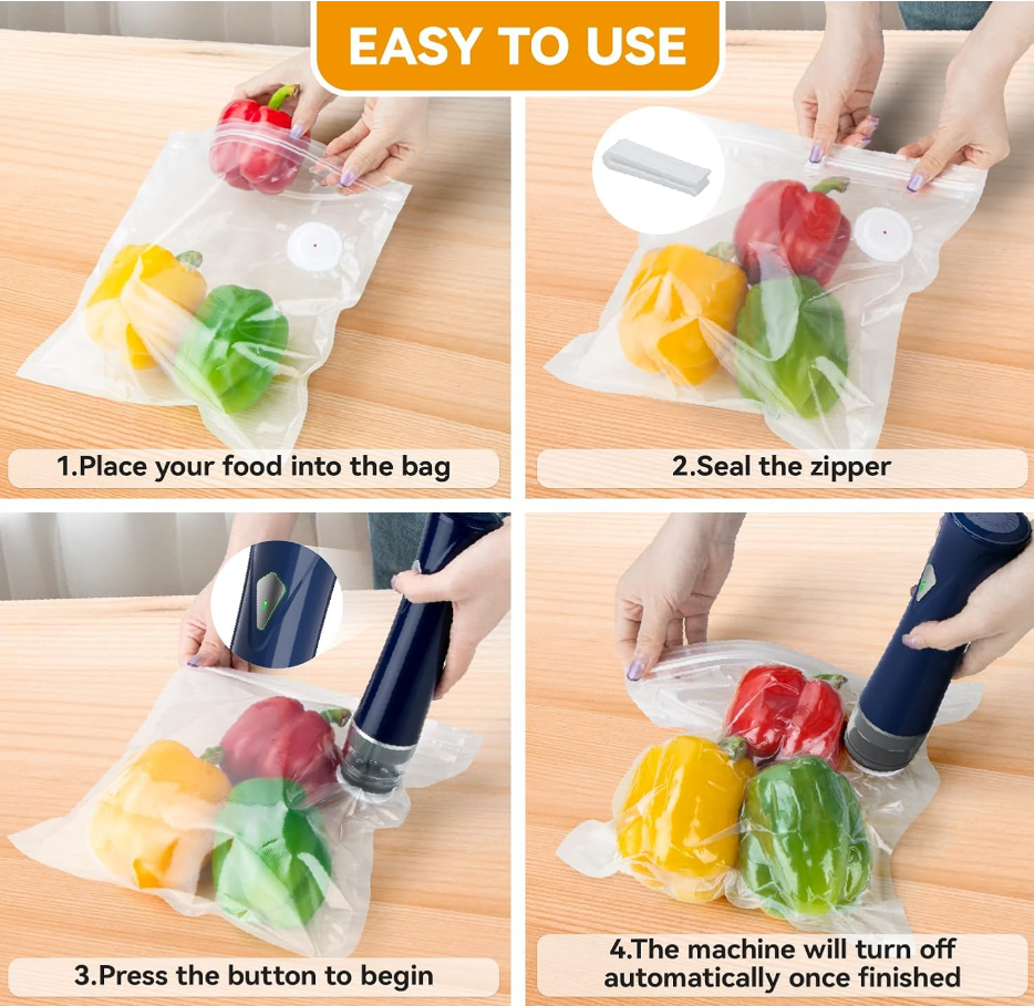 Compact Vacuum Sealer for Food with Bags & Mason Jar Kit, Saver 5X Fresh Longer, 15PCS Reusable Bags, Wide and Regular Mouth Kits, Wine Stopper for Kitchen Fridge Travel Seal Meal