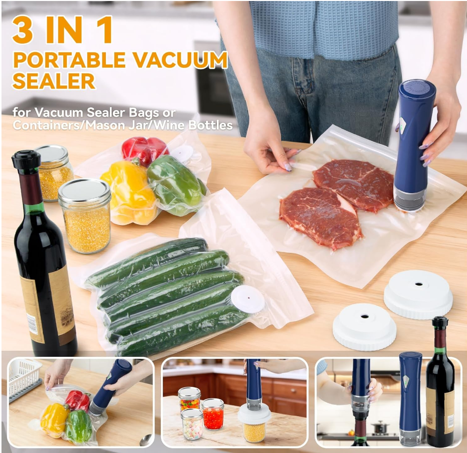 Compact Vacuum Sealer for Food with Bags & Mason Jar Kit, Saver 5X Fresh Longer, 15PCS Reusable Bags, Wide and Regular Mouth Kits, Wine Stopper for Kitchen Fridge Travel Seal Meal