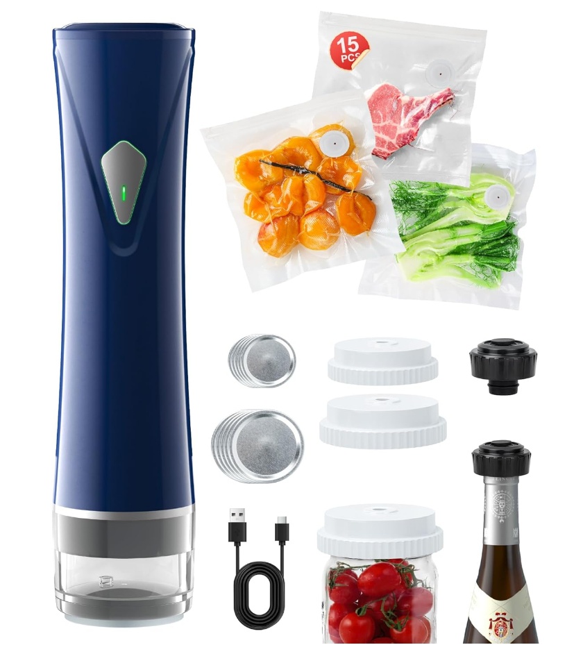 Compact Vacuum Sealer for Food with Bags & Mason Jar Kit, Saver 5X Fresh Longer, 15PCS Reusable Bags, Wide and Regular Mouth Kits, Wine Stopper for Kitchen Fridge Travel Seal Meal