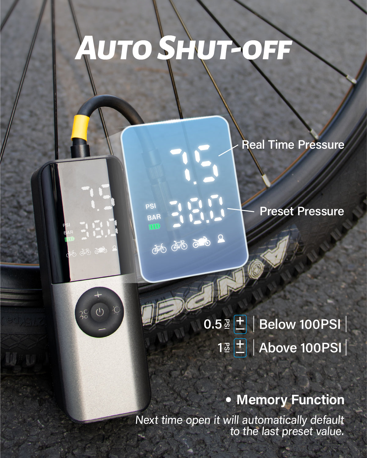 GPUTEK BG01 Bike Electric Air Pump: 150Psi Portable Bicycle Tire Pump with Digital Pressure Gauge for Road Bike, Mountain Bike, E-Bike, Motorcycle with Presta, Schrader, Dunlop Valve Accessories