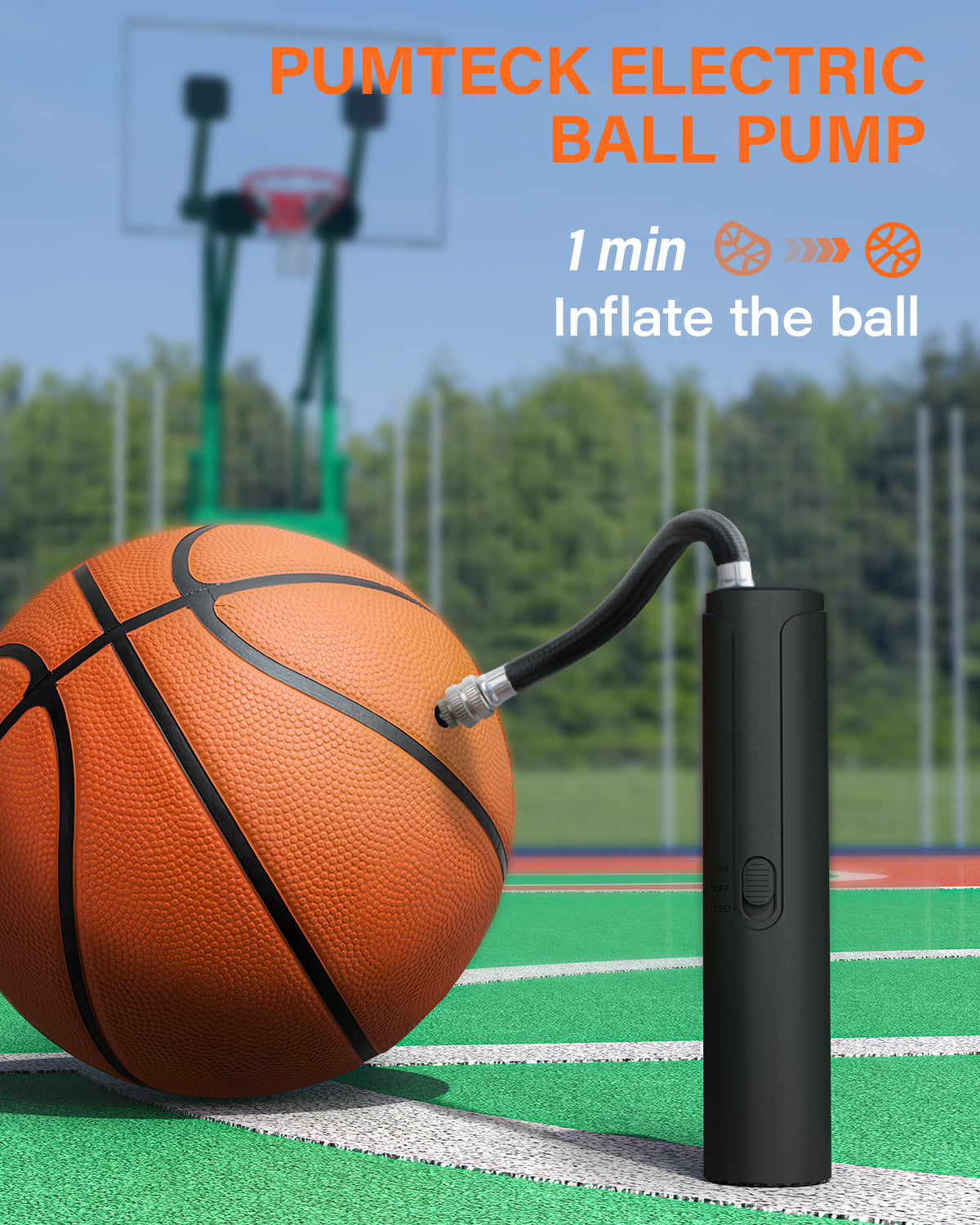 Pumteck AP1-L Electric Air Ball Pump: Portable Fast Inflation Pump with LED Light for All Sports Balls Basketball Soccer Football Volleyball Exercise Accessories with 2 Needles and Storage Bag