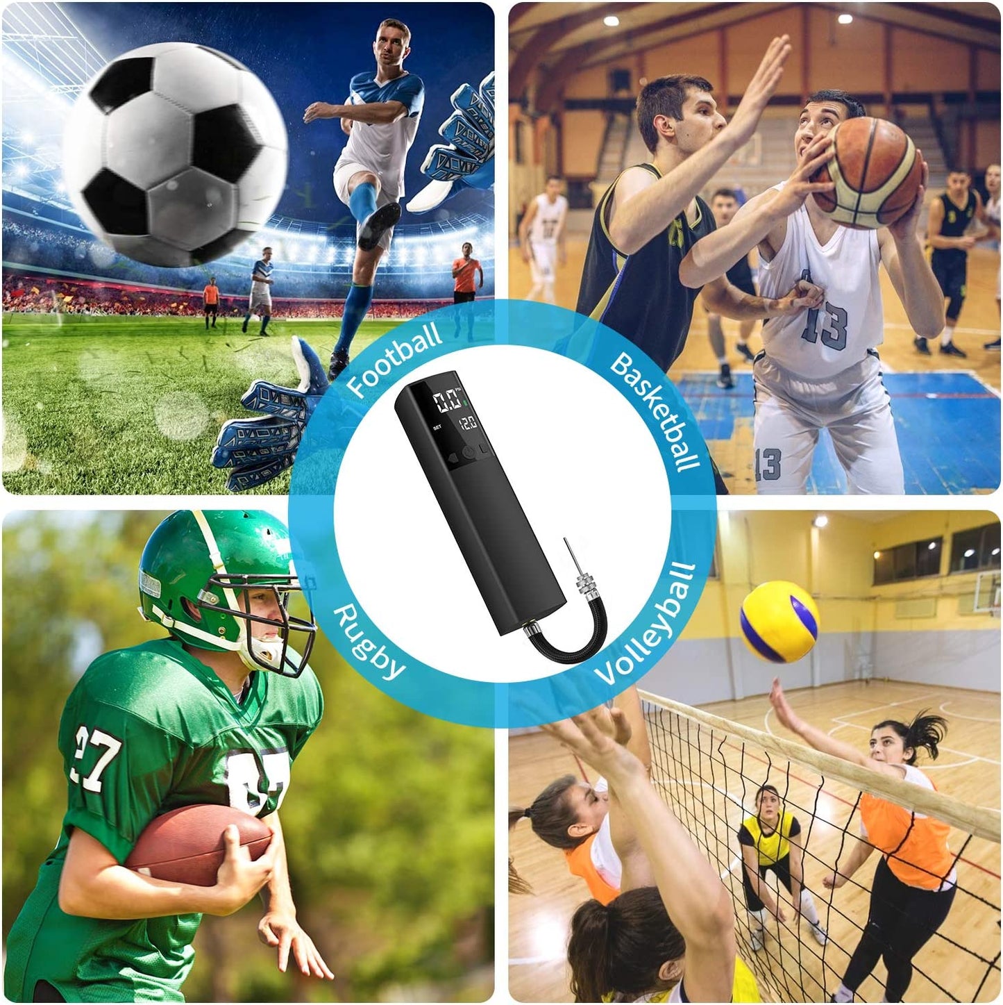 Pumteck AP1-P Electric Ball Pump, Smart Air Pump Portable Fast Ball Inflation with Precise Pressure Gauge and Digital LCD Display for Football Basketball Volleyball Football (2 Pin and 1 Spout)