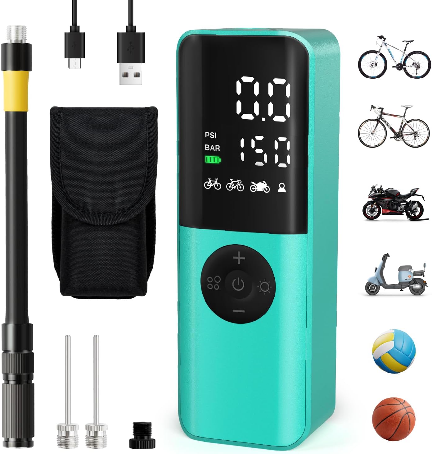 GPUTEK BG01 Bike Electric Air Pump: 150Psi Portable Bicycle Tire Pump with Digital Pressure Gauge for Road Bike, Mountain Bike, E-Bike, Motorcycle with Presta, Schrader, Dunlop Valve Accessories