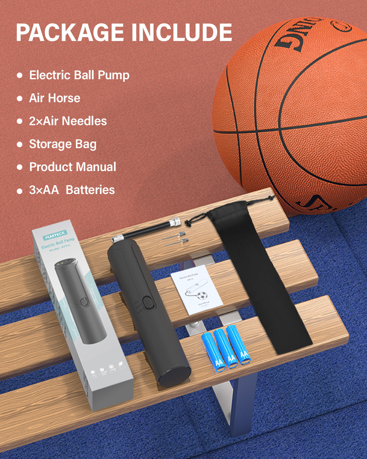 Pumteck AP1-L Electric Air Ball Pump: Portable Fast Inflation Pump with LED Light for All Sports Balls Basketball Soccer Football Volleyball Exercise Accessories with 2 Needles and Storage Bag