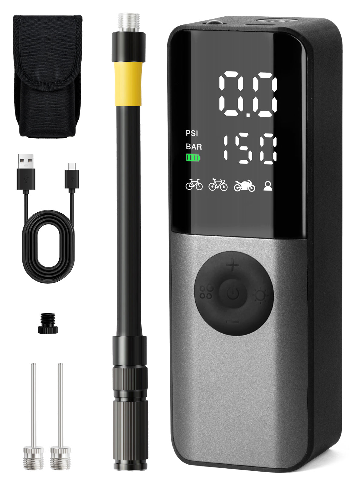 GPUTEK BG01 Bike Electric Air Pump: 150Psi Portable Bicycle Tire Pump with Digital Pressure Gauge for Road Bike, Mountain Bike, E-Bike, Motorcycle with Presta, Schrader, Dunlop Valve Accessories