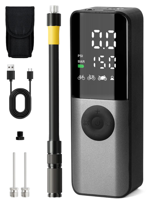GPUTEK BG01 Bike Electric Air Pump: 150Psi Portable Bicycle Tire Pump with Digital Pressure Gauge for Road Bike, Mountain Bike, E-Bike, Motorcycle with Presta, Schrader, Dunlop Valve Accessories